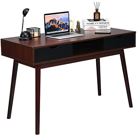 COSTWAY Computertisch mit 2 Schubladen & offenem Ablagefach, 120 cm Schreibtisch Landhausstil, Bürotisch aus Massivholz, PC-Arbeitsplatz Konsolentisch Cover