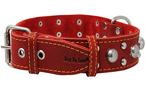 Red Real 1.5" Wide Thick Leather Studded Dog Collar. Fits 17"-21.5" Neck, Large Breeds. #TOP9
