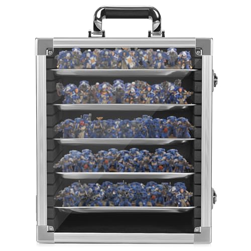 Image of ITHWIU Miniature Carrying Storage Case Aluminum Alloy Frame Transport Case, Miniatures Display Holder with 5 Magnetic Metal Tray, Silver(Medium Size)