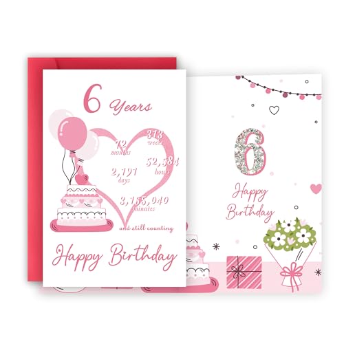 xiangqiankan 6th Birthday Card, Funny 6TH Birthday Decorations for Girls, Happy 6 Year Old Birthday Gift for Daughter,Great 6th Bday Gifts Idea for Her，8x5.3 Inches,Double-Sided