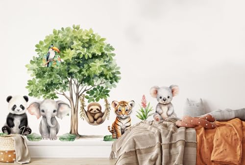 Image of Jungle Theme Wall Sticker for Kids Room Decor - Fun Animal Growth Chart with Giraffe, Elephant, Tiger, Panda, and More - Peel & Stick Removable Nursery Wall Decal (J, Medium)