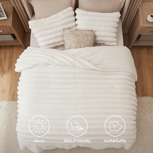 Image of Bedsure Faux Fur Queen Comforter Set - Coconut White Fluffy Comforter Queen Size, Soft and Cozy Shaggy Bedding Comforter Sets, Winter Warm Luxury Fuzzy Bed Set, 1 Comforter and 2 Pillowcases