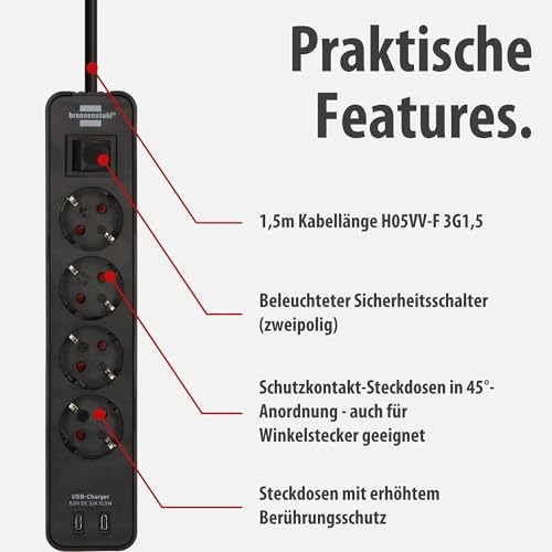 Brennenstuhl Ecolor Steckdosenleiste 4-Fach mit USB-Ladebuchse (Mehrfachsteckdose mit 2X USB C, Schalter und 1,5m Kabel) schwarz