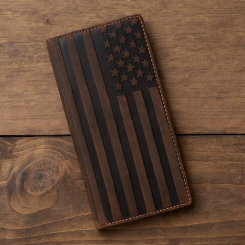 MARSHAL American Flag Checkbook Cover Vintage Leather Patriot Cowboy Wallet for Men (Brown) - Image 4