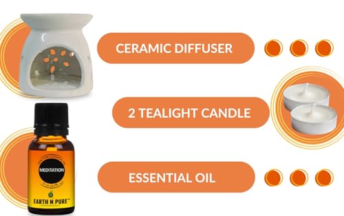Image of Earth N Pure Ceramic Diffuser Burner with 10Ml Meditation Essential Oil Blend | 2 Tea Light Candles | Perfect for Gift Set