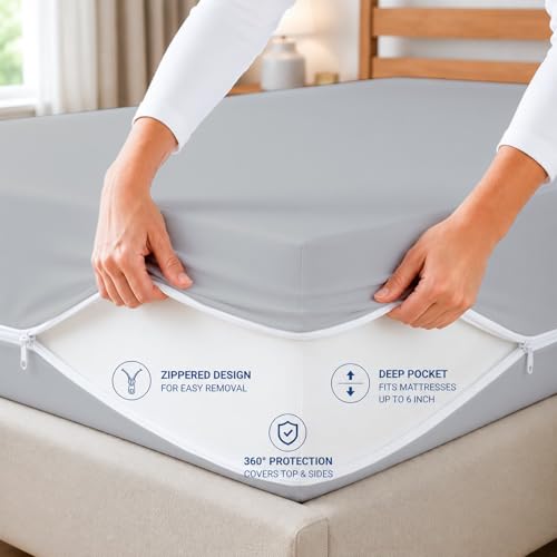 Image of ARLinen Waterproof Mattress Protector Cover Single Size with Zipper - 6 Sided Bed Bug Proof Encasement, Dustproof & Breathable Fabric, Fits 36x72x6 Inch Mattress, Silver