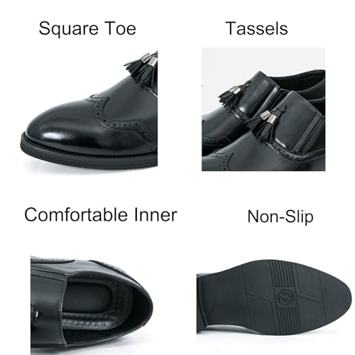Men's Retro Leather Slip-On Wingtip Brogue Dress Tassels Loafer Shoes Pointed Toe Low Chunky Heel Non-Slip Casual Shoes for Business Dress Prom Party Formal2