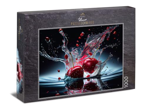 Ulmer Puzzleschmiede - 1000 Teile Fotopuzzle „Cherry Splash“ - Profi-Fotografie mit Splash Shot der eintauchenden Kirschen im Wasser - Puzzle-Kollektion Früchte & Küche - Fotopuzzle Made in Germany