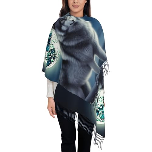 Écharpe d'hiver longue noire écharpe à pompons imprimée loup sous la lune douce homme femme