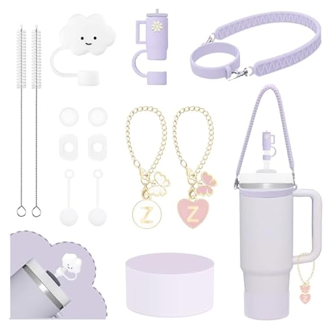 Stanley 10Pcs Accessories Kit - 9-10mm Silicone Boot, Straw Cover Topper, Initial Letter Charm, Leak Proof Seal (Rose Quartz, 30&40oz)