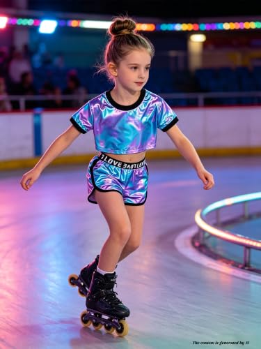 Image of Betusline Girls Summer 2 Piece Outfits,Kids Short Sleeve Crop Top & Shorts Set with Side Pockets