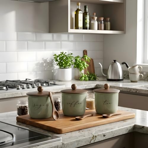 Image of Airtight Sugar, Coffee and Tea Canister Set of 3 with Wooden Spoons, Green, Metal with Wood Lid, 800ml, 11x11x15 cm | Food-Safe Jar Set for Kitchen counter top Container