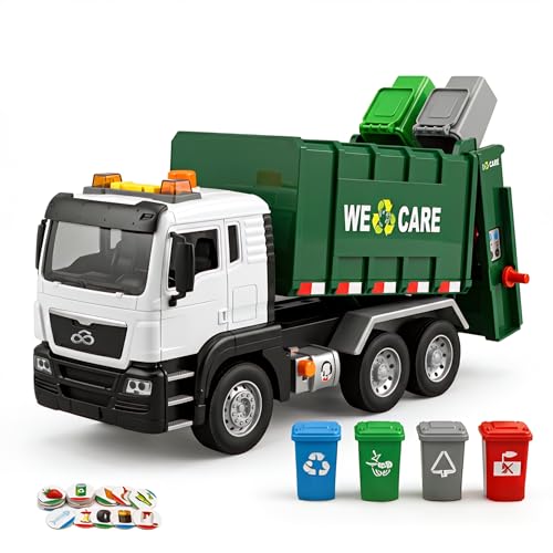 goeringii Toys for 3 4 5 6 7 8+ Years Old Boys Garbage Truck Toy with Bins Interactive Trucks with Sound and Light Toy Waste Lorry Gift for Boy Girl Kid 3 4 5 6 7 8 Year old Green
