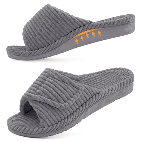 Litfun Orthopedic House Slippers for Women Adjustable Arch Support Indoor Slippers Open Toe Corduroy Bedroom Shoes