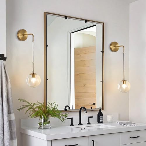 Image of BOKT Mid Century Modern Globe Wall Sconce Lighting Brushed Brass Gold Amber Glass Round Wall Light Fixture Vintage Vanity Globe Bathroom Bar Wall Lamp (Gold+Amber)