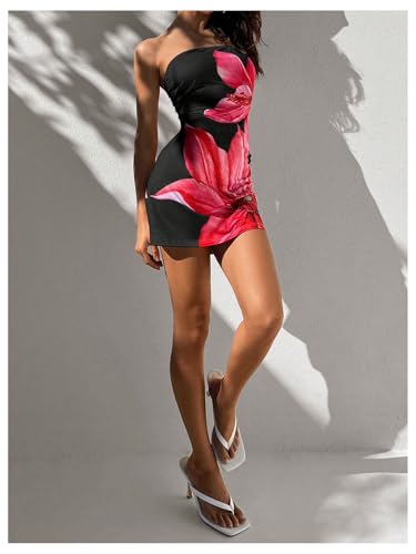 Image of SOLY HUX Women's Floral Print Bodycon Mini Dress Strapless Bandeau Tube Dress Summer Party Dresses