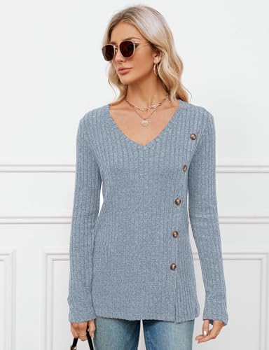 Akiooue Women's Jumpers, Ladies Going Out Casual V Neck Long Tunic Womens Fitted Party Long Sleeve Tops Women Cosy Christmas Jumper 2025 Size 20 Light Blue