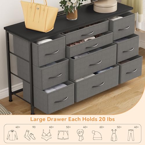 Jojoka Wide Dresser with 10 Large Drawers for 55'' Long TV Stand with Power Outlet Entertainment Center, Storage Fabric Drawer Unit for Bedroom, Closet, Entryway, Sturdy Metal Frame, Gray