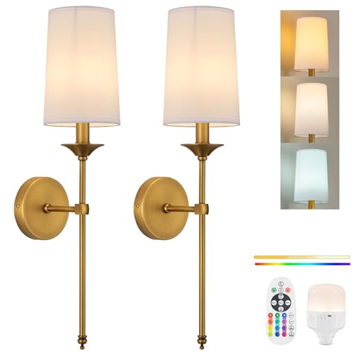 Image of PASSICA DECOR Battery Operated Wall Sconce Set of 2 - Rechargeable Cordless Lights with Remote, Dimmable RGB Timer Wireless Sconces for Bedroom, Living Room, Hallway