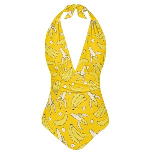 Image of Kuiaobaty One Piece Swimsuit for Womens Cartoon Banana V Neck Swimming Costume, Tummy Control Swimsuit, Built-in Bra Support, Modest Bathing Suit for Seaside Pool Beach