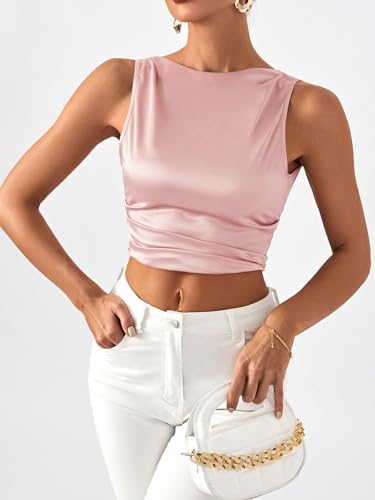 SHENHE Women's Satin Crop Top Ruched Tie Bow Tops Sexy Boat Neck Open Back Sparkle Silk Blouse Going Out2