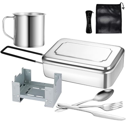 Lafuntar Lata de desorden de camping, 8 piezas para camping, cuenta con latas de desorden, juego de cubiertos, estufa compacta, bolsa de almacenamiento adecuada para camping, festivales y viajes de