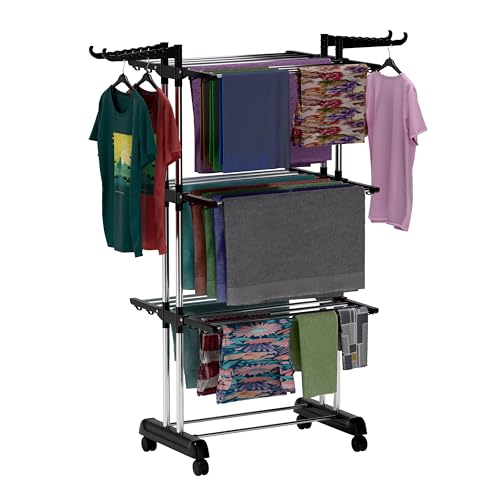 Image of Foldable Cloth Drying Stand Stainless Steel - 3 Tier Heavy-Duty Clothes Dryer for Balcony, Indoor & Outdoor Use | with Wheels & Hanger Slots | Rust-Proof Laundry Rack (Black 3 TIRE)