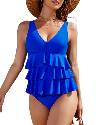 Image of Blooming Jelly Womens One Piece Swimsuit Ruffle Tummy Control Modest Bathing Suit Full Coverage Retro Swim Dress Swimwear