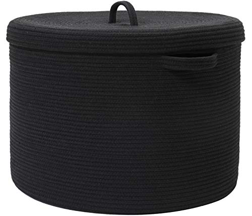 20x15 Inch Cottonphant Extra Large Round Cotton Rope Storage Basket with Lid, Decorative Woven Bin with Cover for Living Room Bedroom Closet, Black