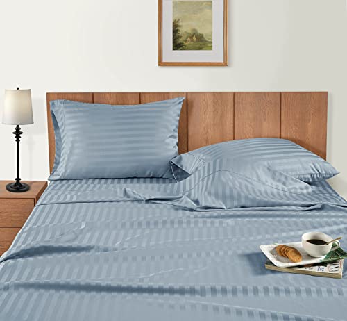 Lane Linen 100% Cotton Queen Striped Sheet Set With Deep Pocket Fitted Sheets, 4 Piece Hotel Luxury, Soft Cotton Striped Bed Sheets Set For Queen Size Bed, 1 Fitted Sheet, 1 Flat, 2 Pillowcases - Blue #TOP2