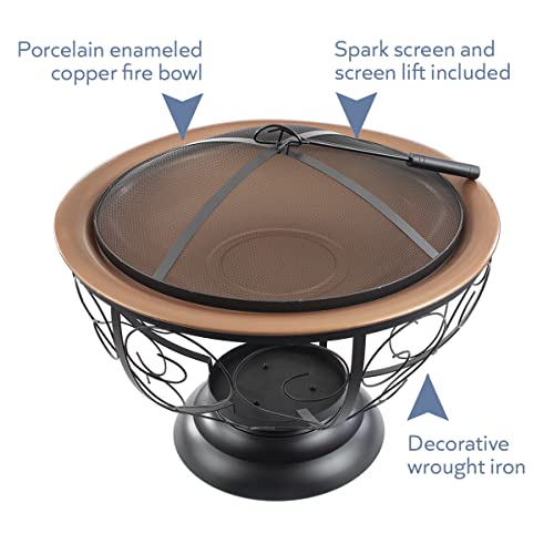 Blue Sky Outdoor Living 29” Round Fire Pit With Porcelain Enamel Fire Bowl, Spark Screen, And Lift, Decorative Outdoor Fire Pit, Bronze #TOP6