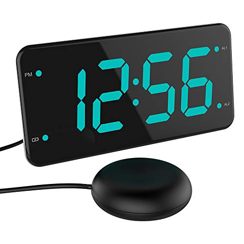 Extra Loud Alarm Clock with Bed Shaker, Vibrating Alarm Clock for Heavy Sleepers, Deaf and Hard of Hearing, Dual Alarm Clock with USB Charger, 7-Inch Display, Full Range Dimmer, Battery Backup - Green