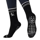 CoolMate Pilates Socks with Grips for Women, Yoga Socks, Crew Non Slip Women for Barre, Pilates Gifts (US, Numeric, 6, 10, Regular, Regular, E-18. 1 Pair Moon Star Black)