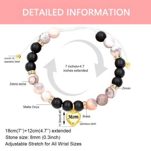 Image of Uloveido Natural Stone Mom Heart Charms Beaded Bracelets for Mum from Son or Daughter With Massage Card and Box | Mothers Day Jewelry Gifts