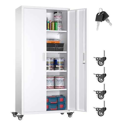 LOCENHU 180 cm Hoher Metallschrank mit Rollen, Mobiler Garagenschrank, Abschließbare Tür und Verstellbare Regale, Geeignet für Heim-Office, Keller, Vorratsraum und Werkstatt，Weiß