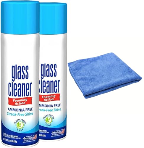 Glass Cleaner Foam, Foaming Action & Spray, 23oz - 2 Pack - Clean Fresh Scent - Bundled With Microfiber Cleaning Clothes (46 oz Total)