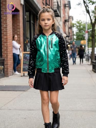 Image of WELAKEN Girls Sequin Sparkle Zip Bomber Jacket | Sequin sleeves, shiny bomber style, ribbed trim, smooth zipper and side pockets for party, dance, school and photos