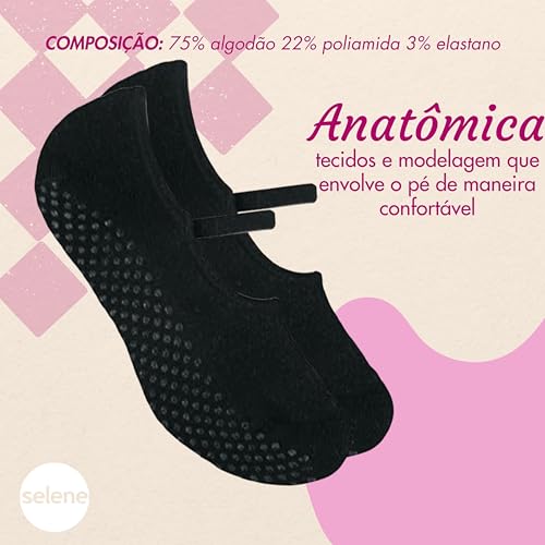 SELENE Meia Sapatilha Antiderrapante Feminina Confortável Yoga Pilates Adulto, Preto, 34-39