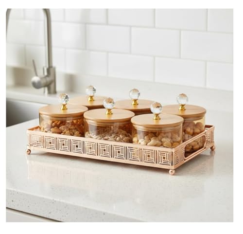 Image of Diwali Serving Dry Fruit, 6 pcs Glass Container Serving Tray Set | 600 ML Each Premium Design Air-Tight Lid Tray Copper Stand Organizer Lid jar