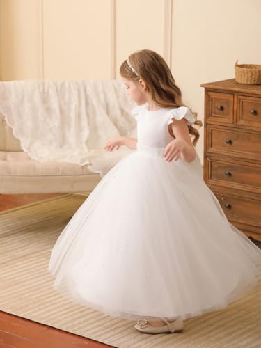 Flower Girl Dress V-Back Sleeveless Pearl Tulle Pageant Maxi Gown First Communion4