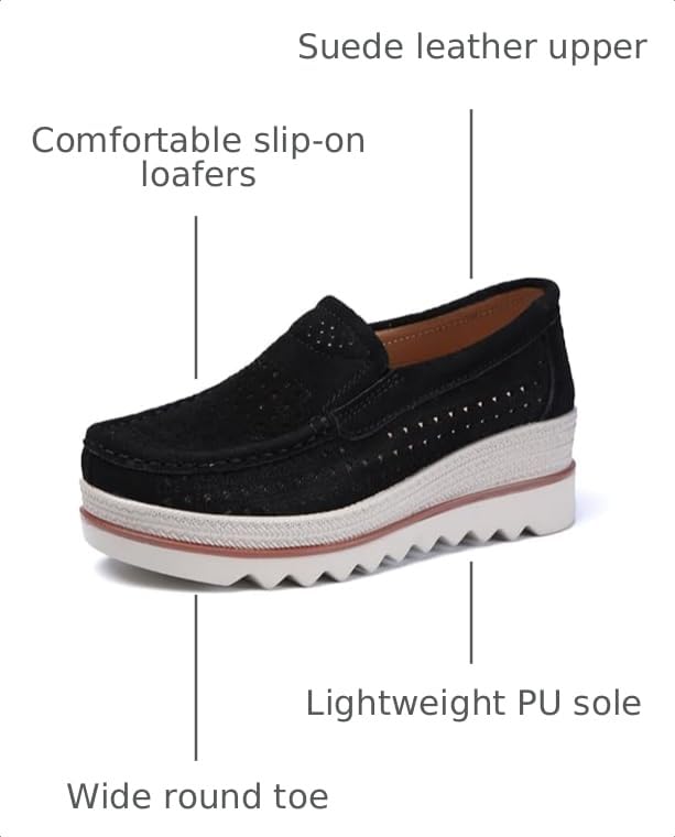 Image of YING LAN Women's Suede Platform Wedge Slip On Loafers Shoes | Breathable lining, Memory foam insole, Lightweight outsole, Arch support, Moccasins toe, Office casual everyday wear