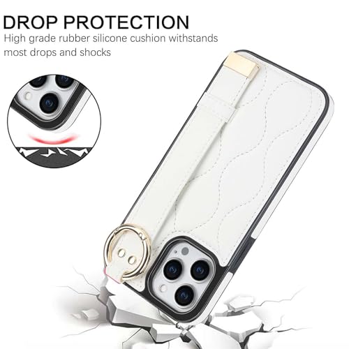 Coque iPhone 15 Pro Max en cuir matelassé blanc avec bracelet antichoc