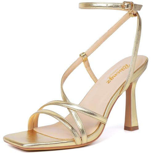 Image of RIBONGZ Block Heels Prom Heeled Sandals for Women Chunky Square Open Toe Strappy High Heels Ankle Strap Wedding Bridal Shoes High Heel Sandals for Party Dress