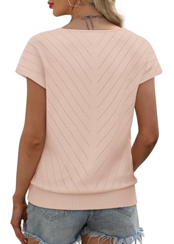 Image of WIHOLL Short Sleeve Sweater for Women V Neck Trendy Summer Tops 2026 Beach Vacation Clothes Travel Business Casual Outfits