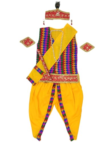 Image of BookMyCostume Shri Krishna Multicolor Kids Fancy Dress Costume 9 Pcs Set with Red Accessories - Premium 5-6 years