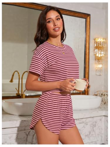 Image of OYOANGLE Womens Pajama Sets 2 Piece Sexy Lounge Sets Summer Cute Pjs Striped Print Tee and Side Split Shorts Set