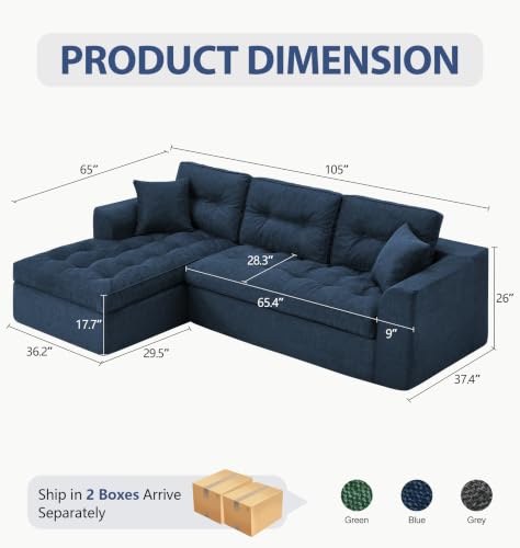Image of Hobestluk Couch Sofa for Bedroom, Living Room, Office (Blue-L, Large) | Left Facing Chaise, Blue, Removable Cover, Button Tufted, Non-slip Bottom Design, No assembly Required, L Shaped Couch