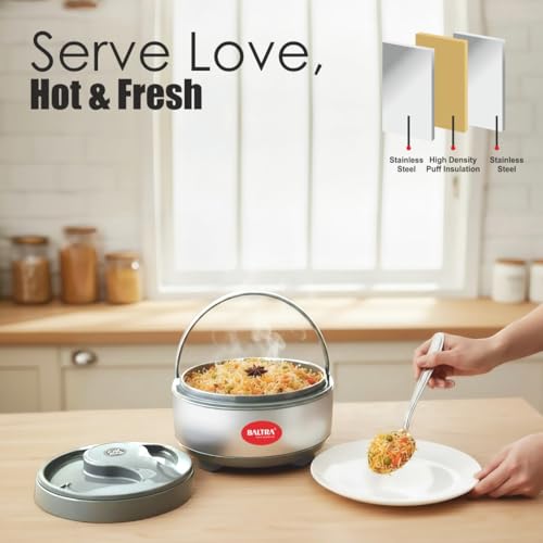 Image of BALTRA Inner Stainless Steel Casserole Set with Lid for Roti /Chapati (1000ml, 1500ml, 2000ml) | Insulated Hot Pot for Hot Meal /Chapati /Curry Set /Biryani | Serving Bowl with Lid (Cherish Set of 3)