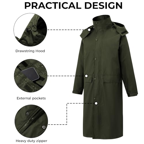 Image of Wantdo Long Rain Coats for Men Waterproof Rain Jacket with Hood | Mens Trench Rain Coat for Outdoor Work, Fishing, Hiking, Fully Taped Seams, Detachable Hood, Flap Pockets with Packable Bag