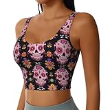 Women Girls Yoga Bras U-Shaped Back Comfortable Sweat Vest with Pads Elastic Sportswear for Gym Fitness, for Day Dead Colorful Sugar Skull